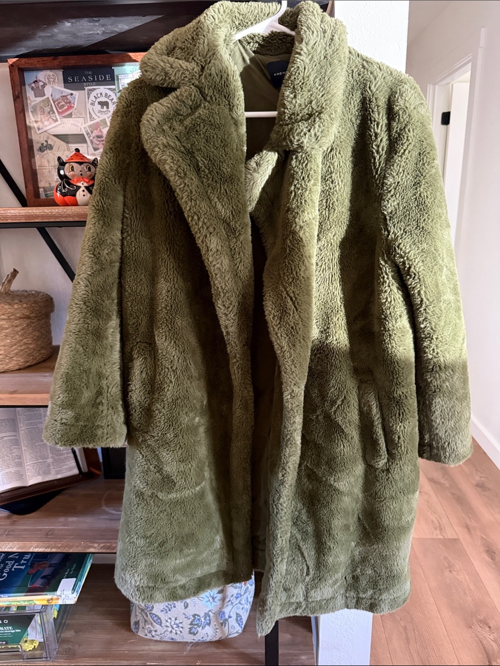 French Connection Size Small Olive Green Faux Fur Coat - Women’s Plush Overcoat